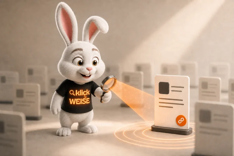Klickweise-Maskottchen visualisiert KI Sichtbarkeit Check in einer eigenständigen Mess- und Analyseszene.